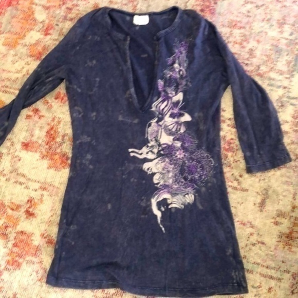 Buffalo David Bitton  Muted Blue Tunic 3/4 sleeve  deep Plunge Shirt size small